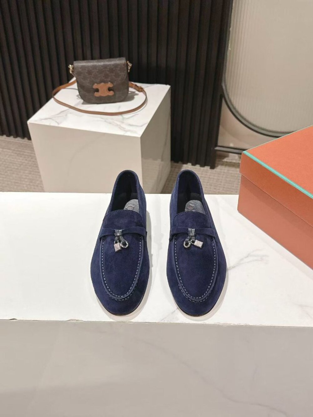 Loro Piana Suede Summer Walk Charms Loafers Navy Blue Flat Shoes